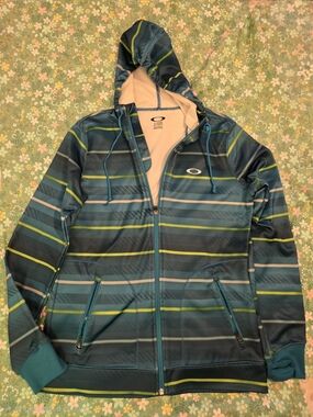 Oakley Blue Striped Jacket - Lightweight Hooded Coat Size medium
